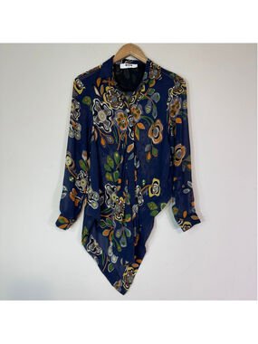 MSGM Milano Navy Blue Sheer Floral Asymmetric Silk Blouse Top Size 42 IT (US 8)